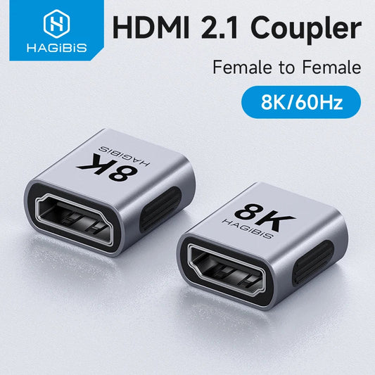 HDMI 2.1 coupler with 'HAGIBIS' branding on a light gray background