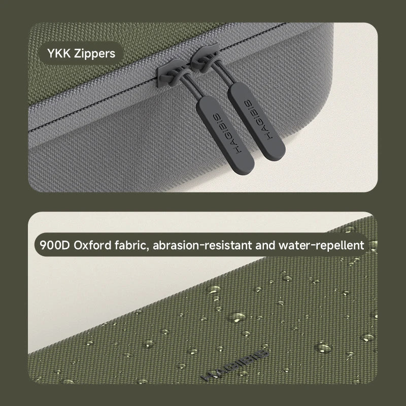 Close-up of YKK zippers on a bag with 900D Oxford fabric shown below.