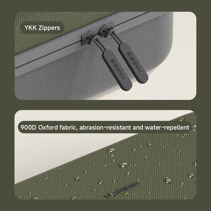 Close-up of YKK zippers on a bag with 900D Oxford fabric shown below.