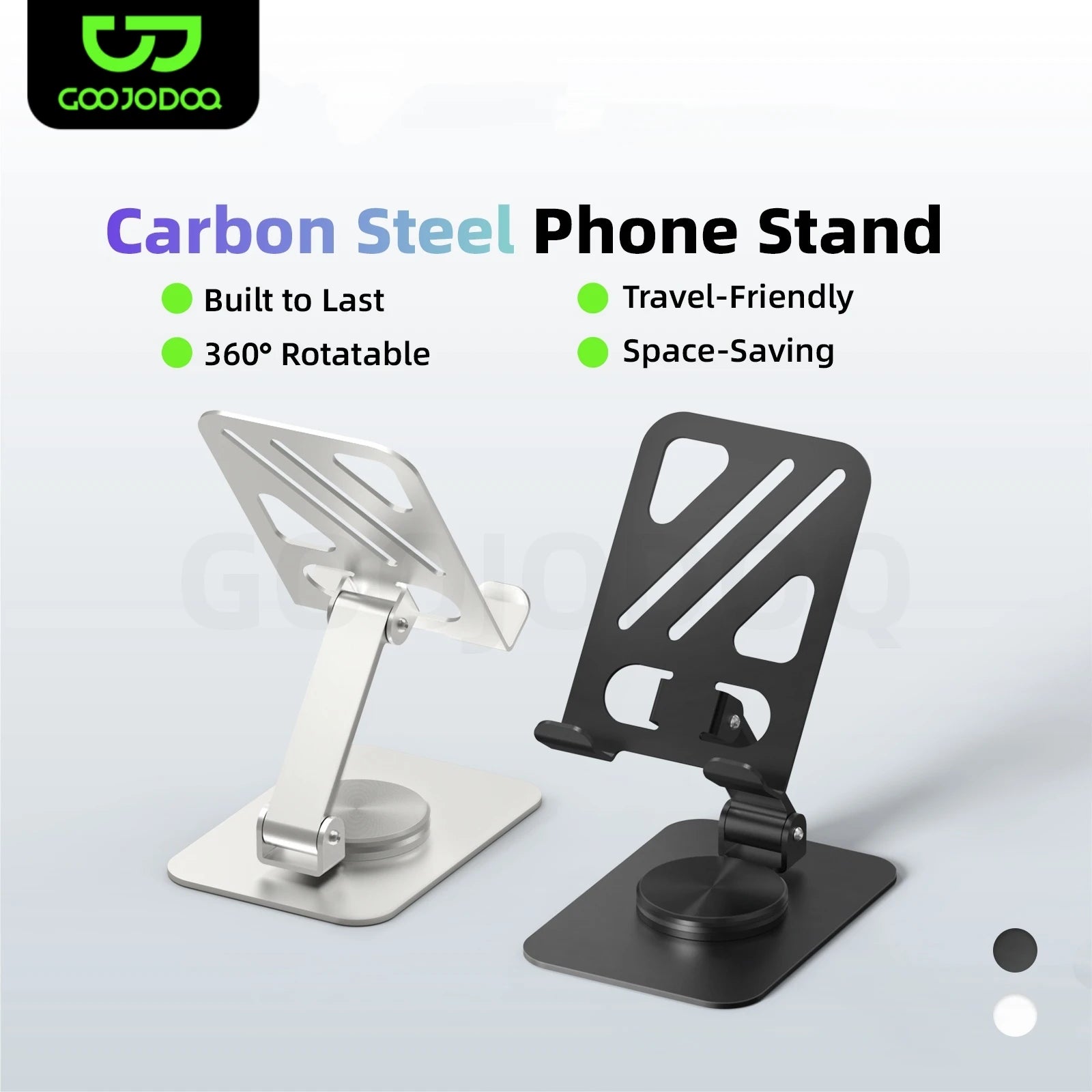 Carbon Steel Phone Stand with Goojodoo logo and features on a light gray background