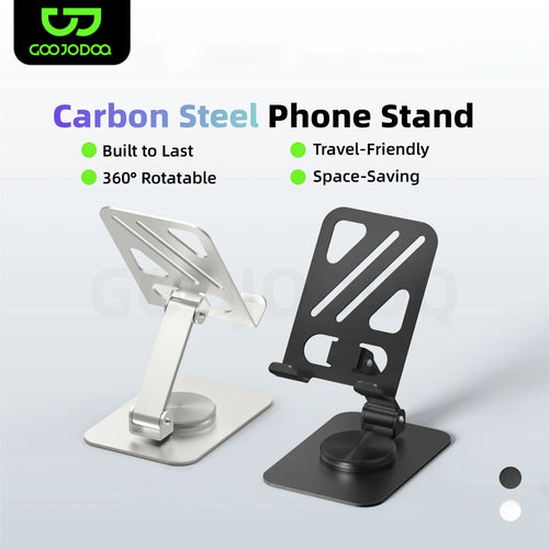 Carbon Steel Phone Stand with Goojodoo logo and features on a light gray background