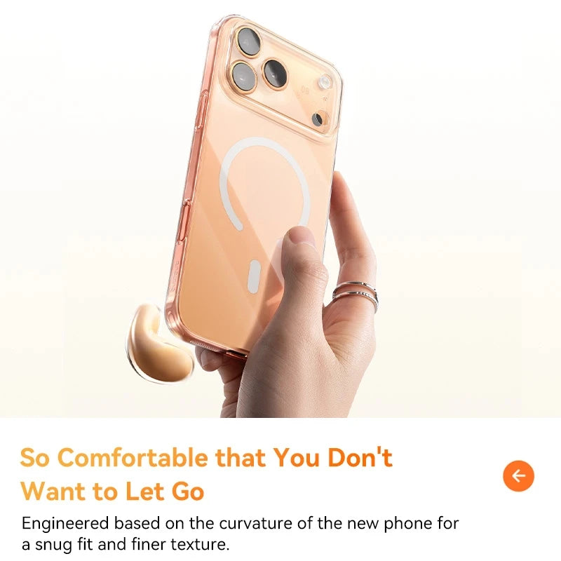 Hand holding a peach-colored phone case with text on a white background