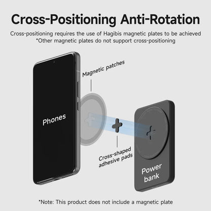 Diagram showing cross-positioning anti-rotation feature with magnetic patches and adhesive pads on a phone and power bank.