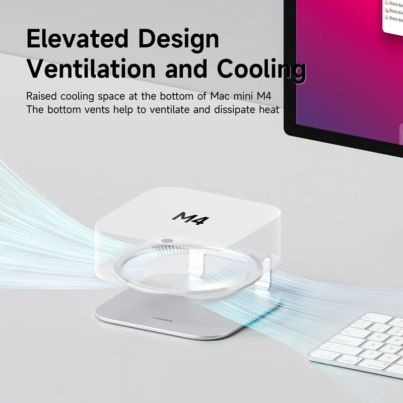 Mac mini M4 with text about elevated design, ventilation, and cooling on a desk.