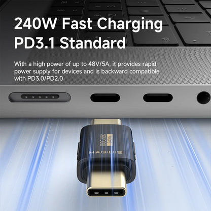 Laptop with a charging cable labeled '240W Fast Charging PD3.1 Standard' on a blurred background.