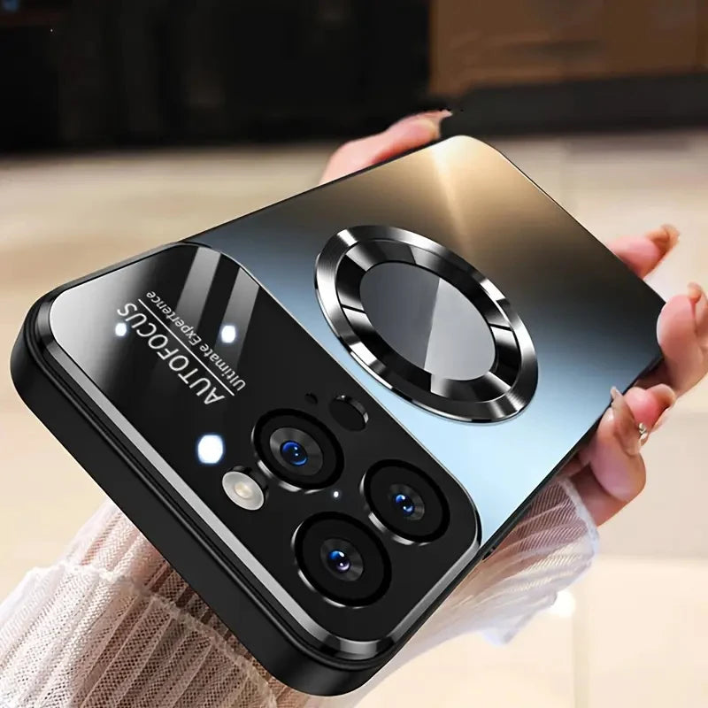 Phone case with camera lens protector held by a person