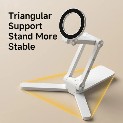 Triangular support stand with a ring light on a beige background
