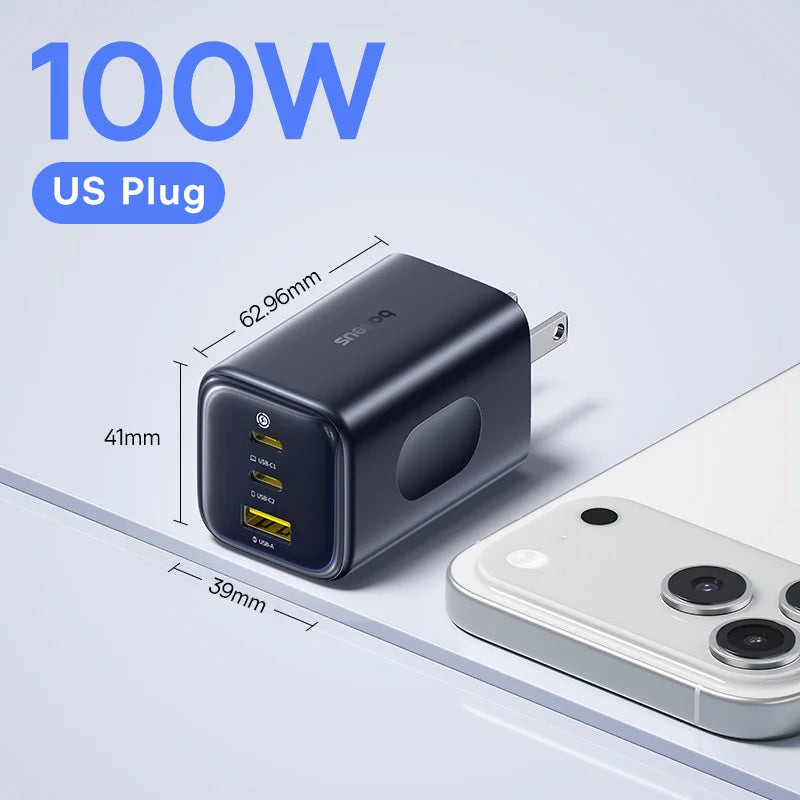 100W US plug charger with dimensions and a smartphone for scale on a light gray background