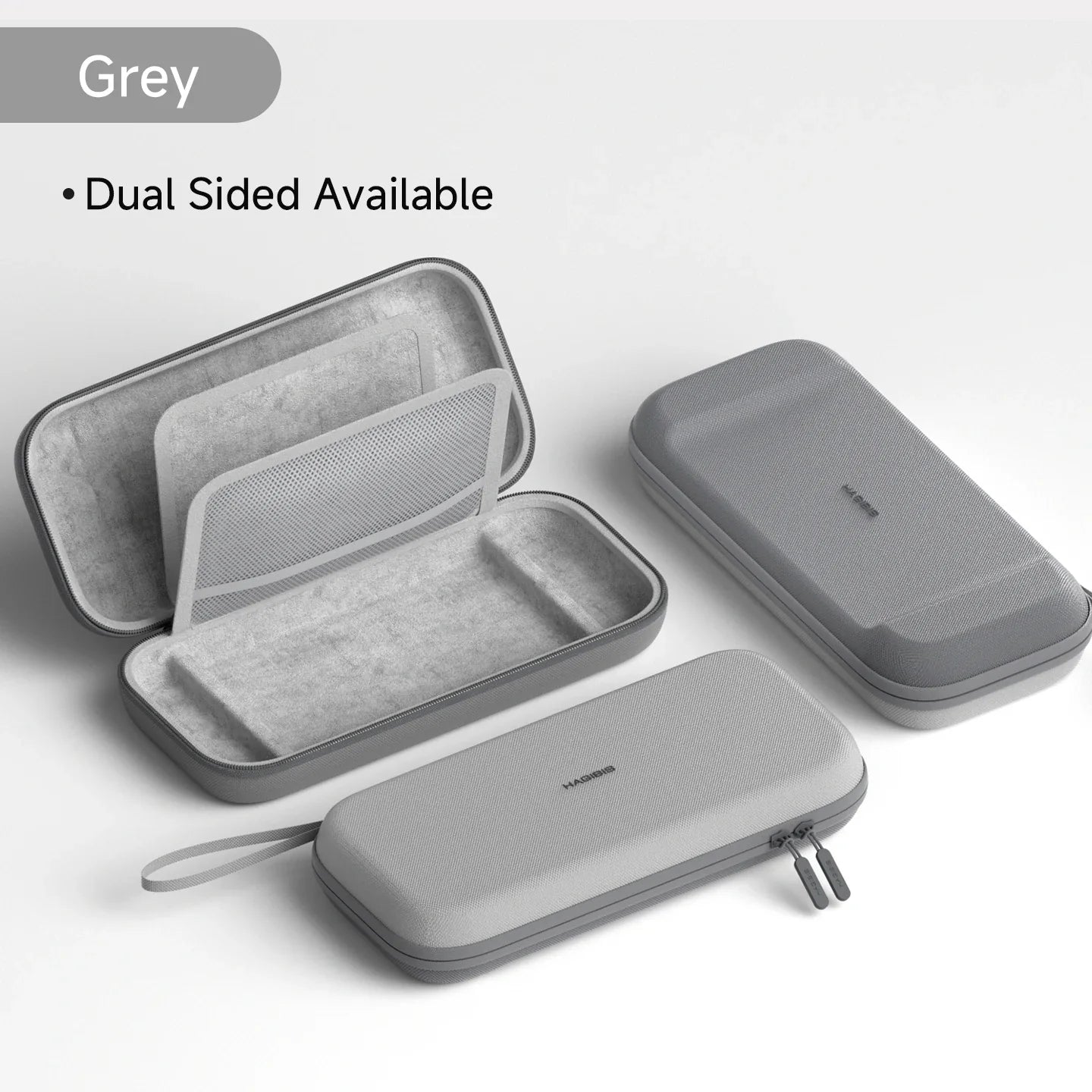 Gray carrying case with dual-sided design on a light gray background