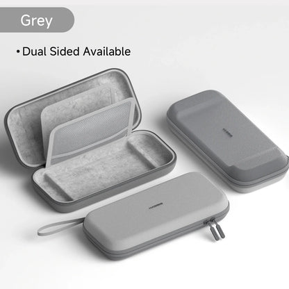 Gray carrying case with dual-sided design on a light gray background