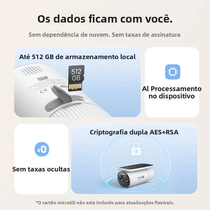 Product features with text in Portuguese on a light background