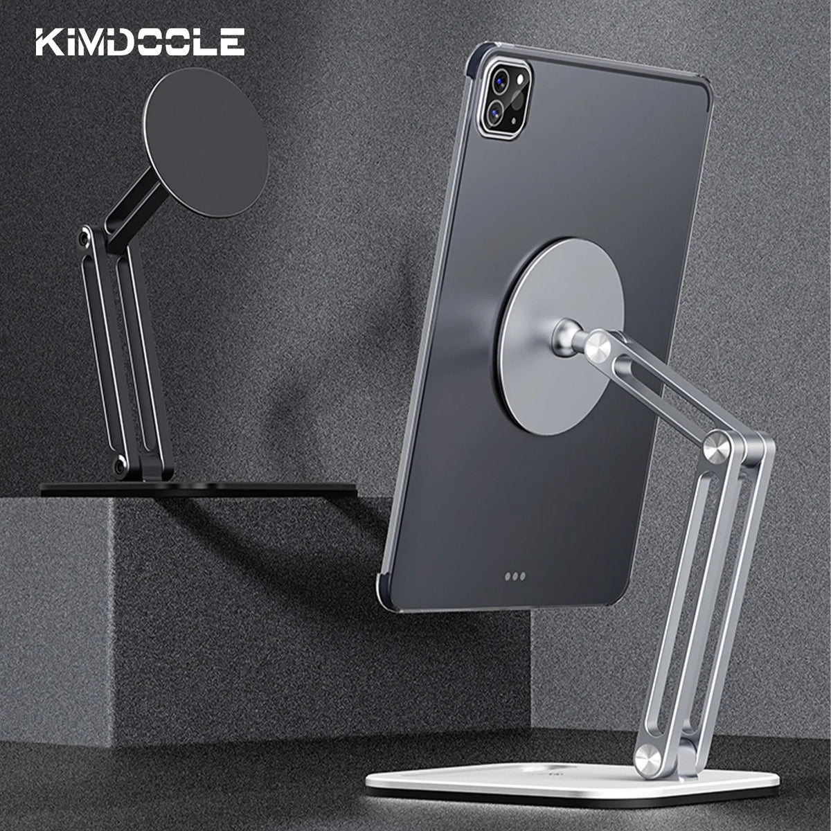 Phone stand with adjustable arm holding a smartphone on a dark background, featuring the Kimdoole brand.