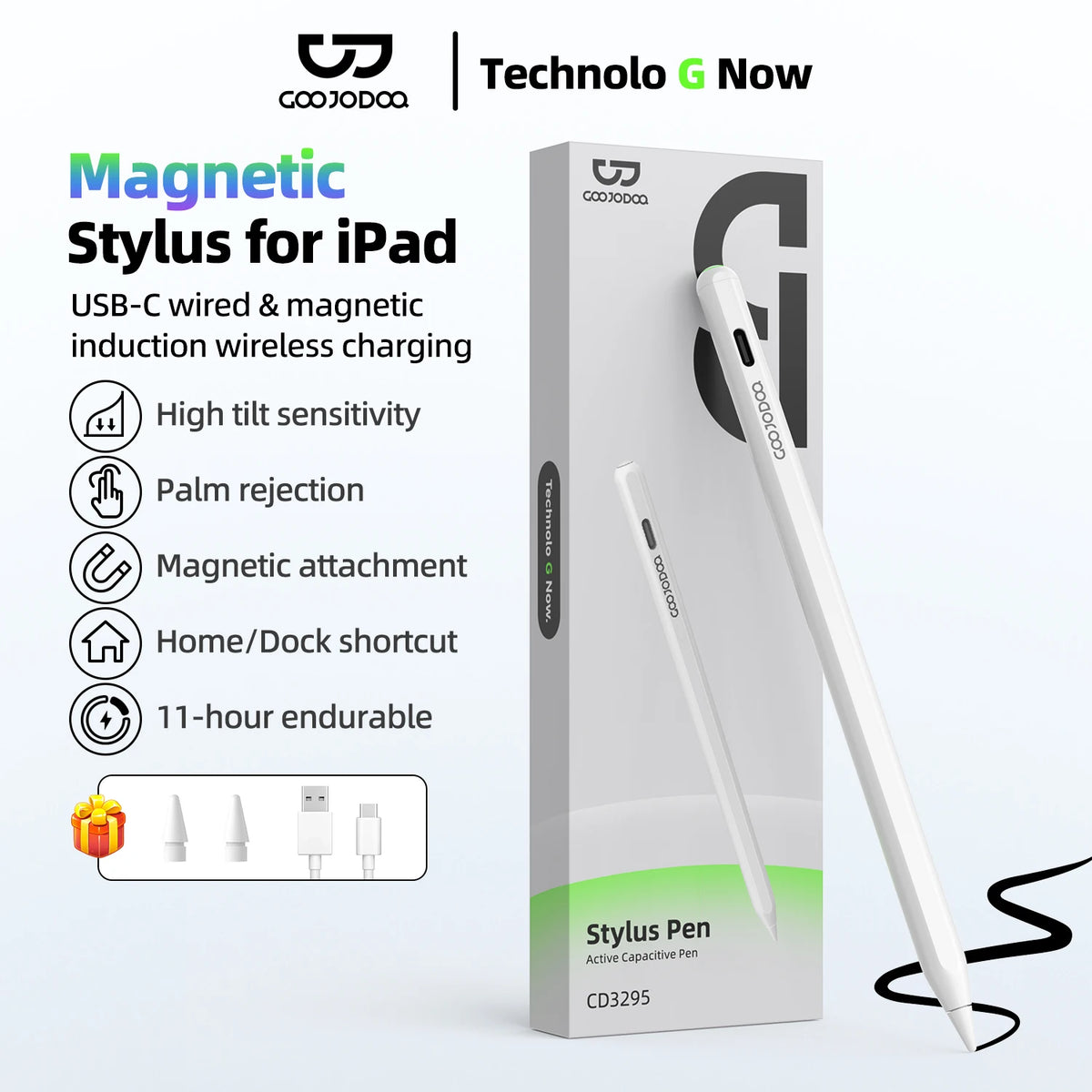 GOOJODOO magnetic stylus for iPad with packaging and features listed on a white background