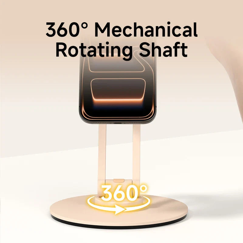 Phone stand with 360-degree mechanical rotating shaft on a beige background