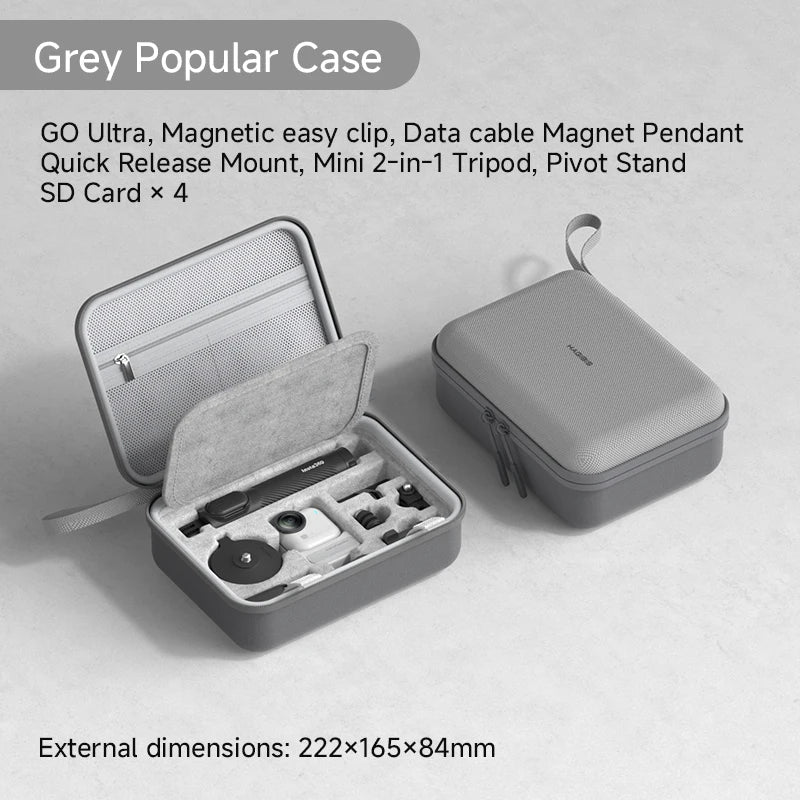 Gray carrying case with accessories on a light gray background