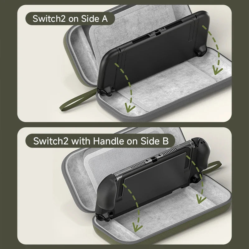 Two views of a carrying case with a switch2 attachment on a neutral background