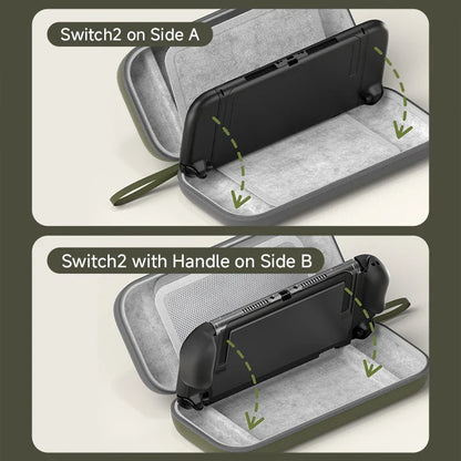 Two views of a carrying case with a switch2 attachment on a neutral background