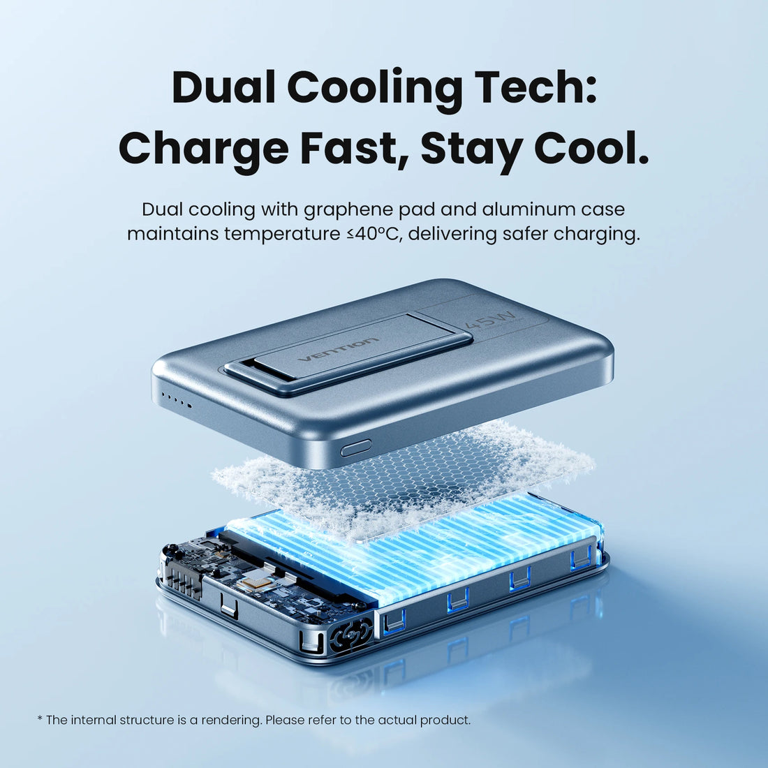 Dual cooling tech device with graphene pad and aluminum case on a light blue background