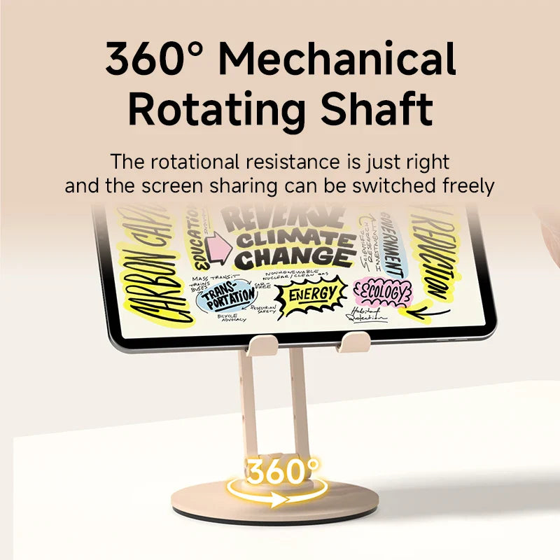 360-degree mechanical rotating tablet stand with text on a light background
