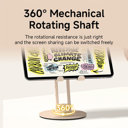 360-degree mechanical rotating tablet stand with text on a light background