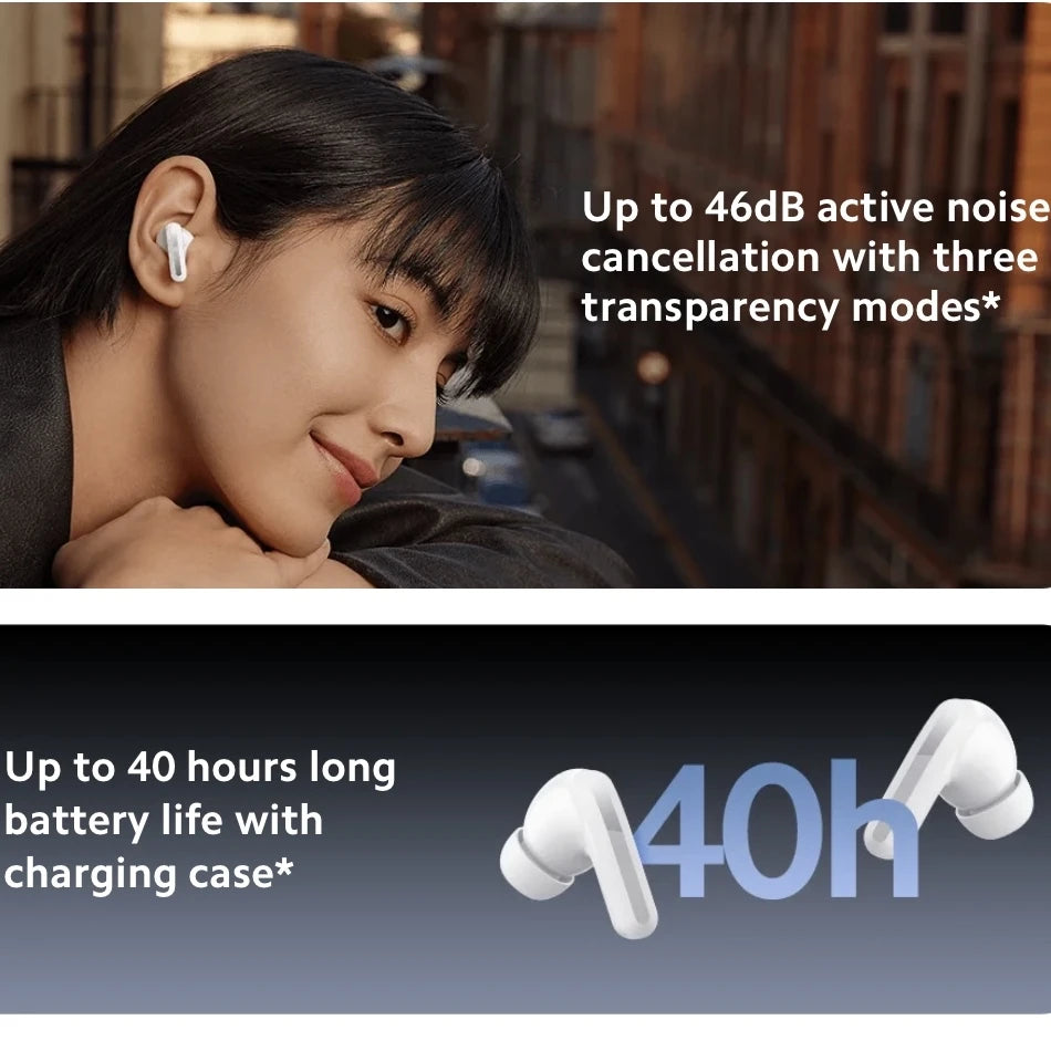 Person wearing wireless earbuds with text about noise cancellation and battery life.