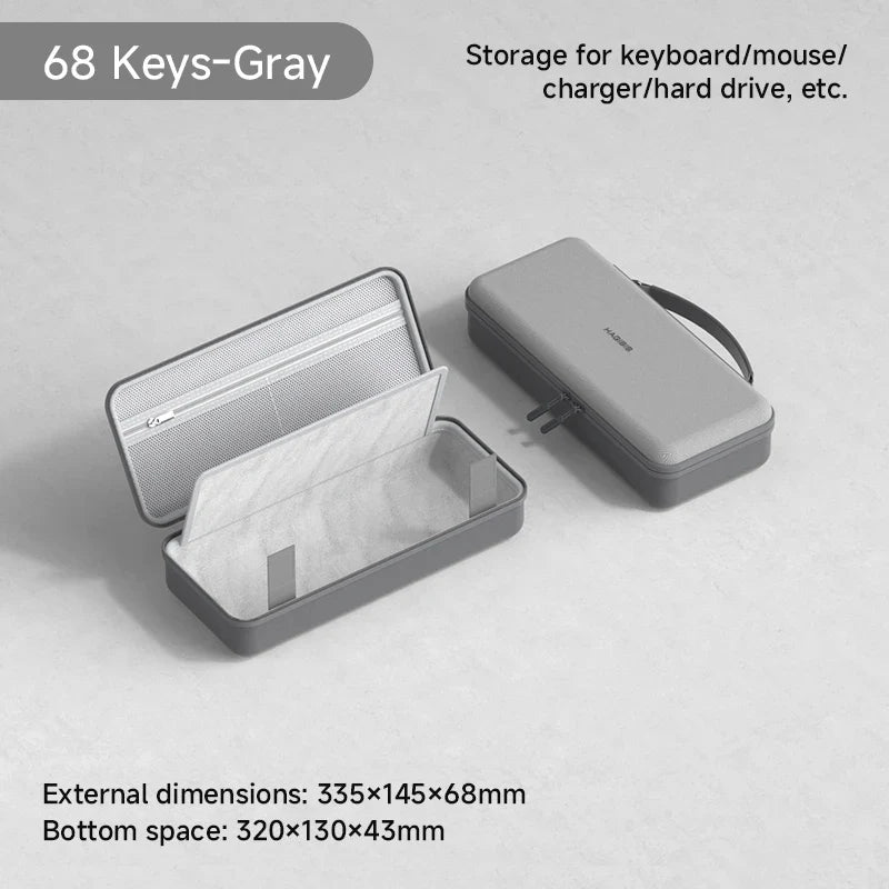Gray storage case with open lid showing interior compartments on a light gray background.