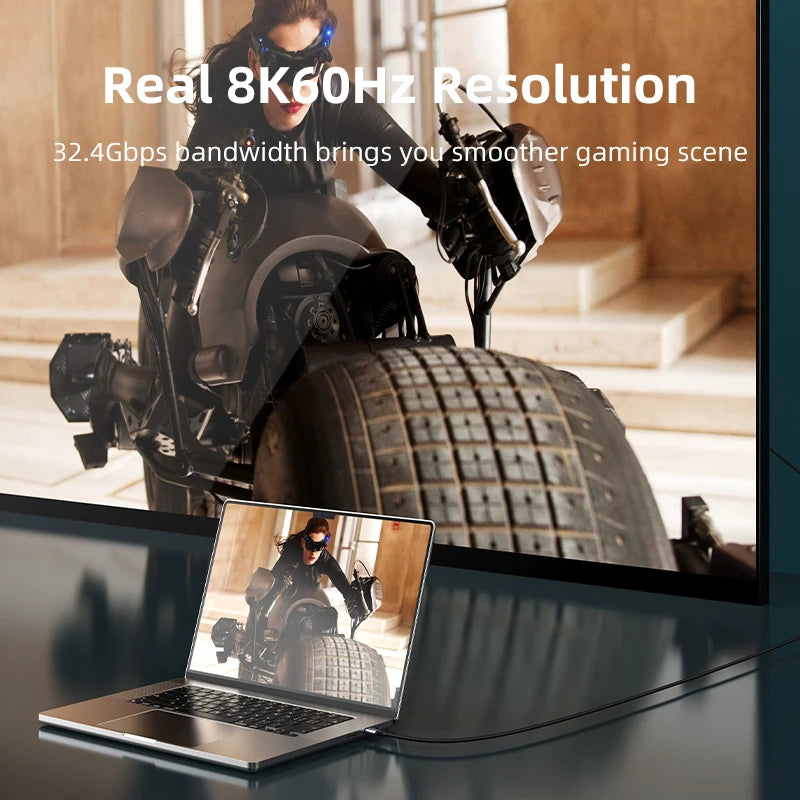 Gamer on a motorcycle with a large screen displaying high-resolution gaming scene.