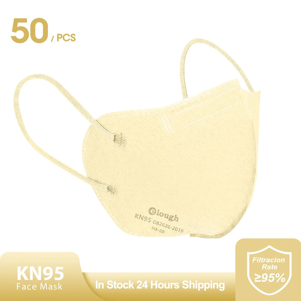Beige KN95 face mask with branding and product details on a white background
