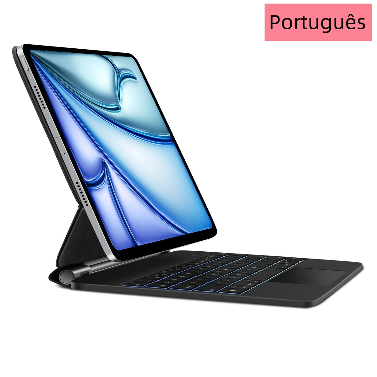 The image shows a wireless floating keyboard for iPads with a LED screen display and multiple language options highlighted. The keyboard appears to attach magnetically to an iPad and has a cantilever design for adjustable viewing angles.
