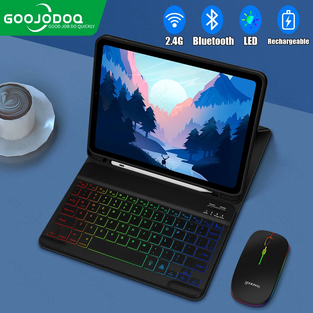 A black Magic Keyboard and Mouse for iPad, showing the keyboard with RGB backlit keys and the mouse beside the iPad in landscape mode on a table.