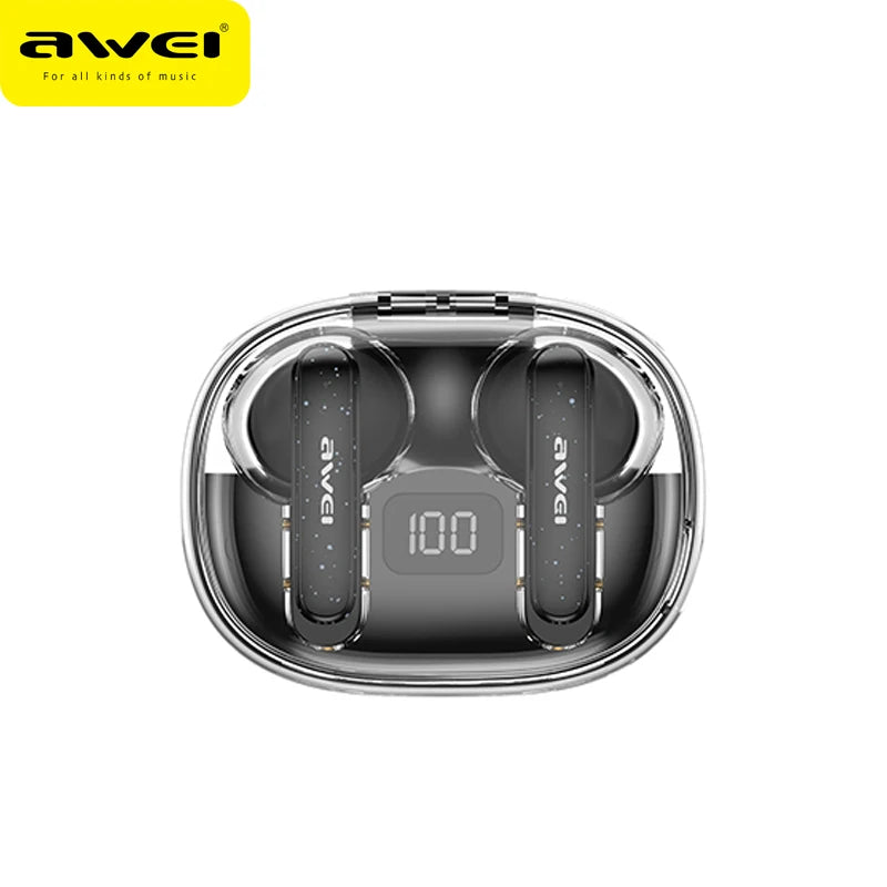 Awei wireless earbuds in clear case with visible brand logo on a white background