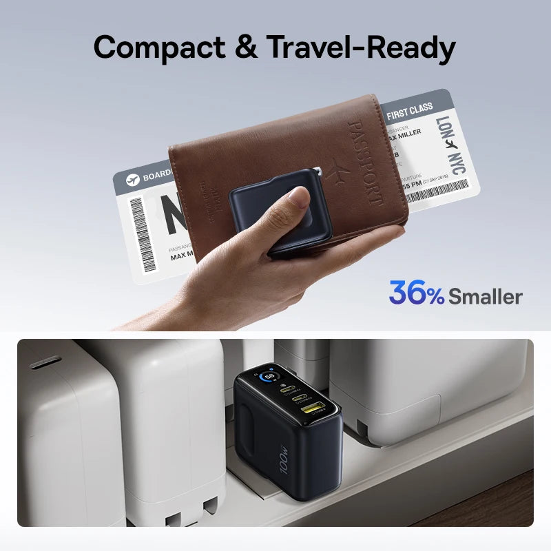 Hand holding a compact travel wallet with boarding passes and a power adapter, emphasizing size reduction.