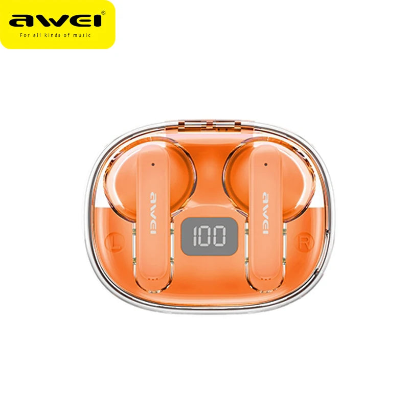 Orange wireless earbuds in a transparent case with Awei branding on a white background.