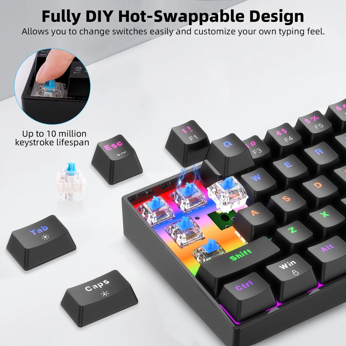 Keyboard with hot-swappable switches on a white background, highlighting customizable typing experience.