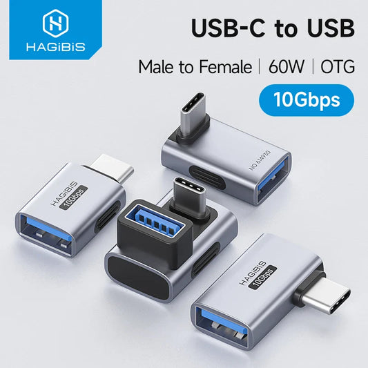 USB-C to USB adapter with Hagibis branding on a light gray background