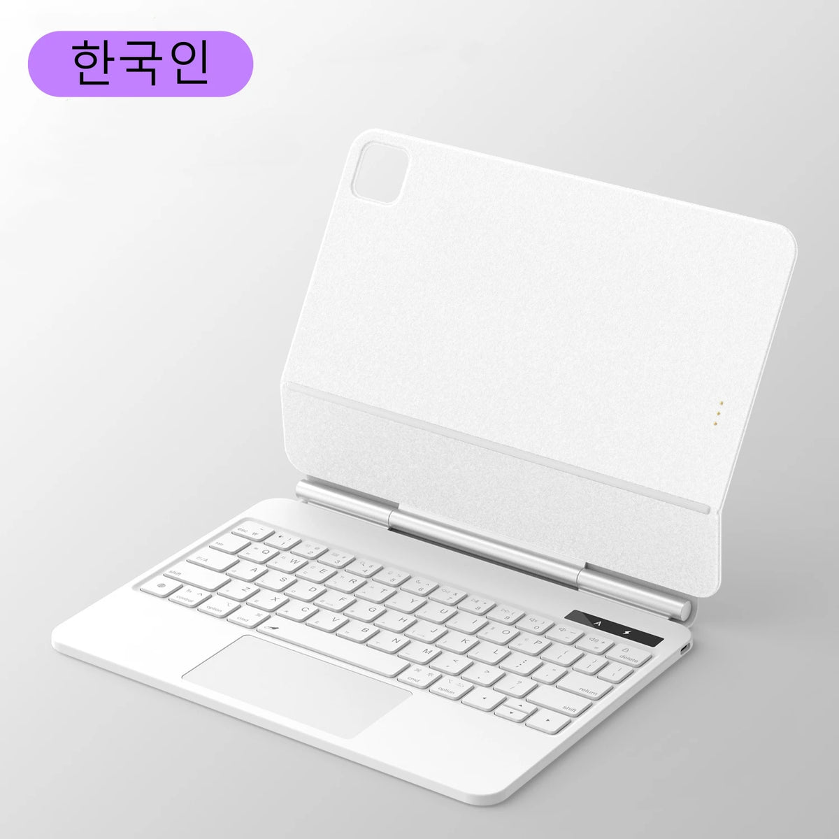 White laptop on a gray background with Korean text '한국인' in purple.