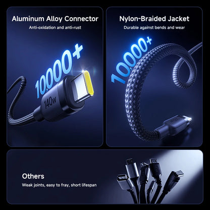 Product features including aluminum alloy connector and nylon-braided jacket on a dark background.