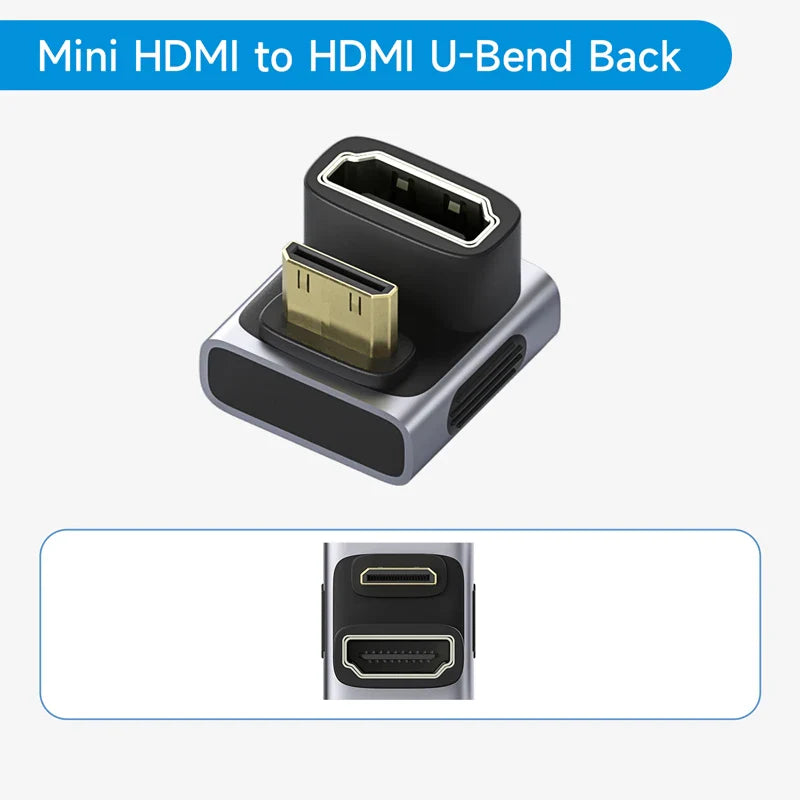 Mini HDMI to HDMI U-Bend Back adapter on a white background with text.