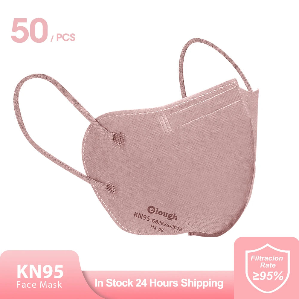 Pink KN95 face mask with branding and product details on a white background