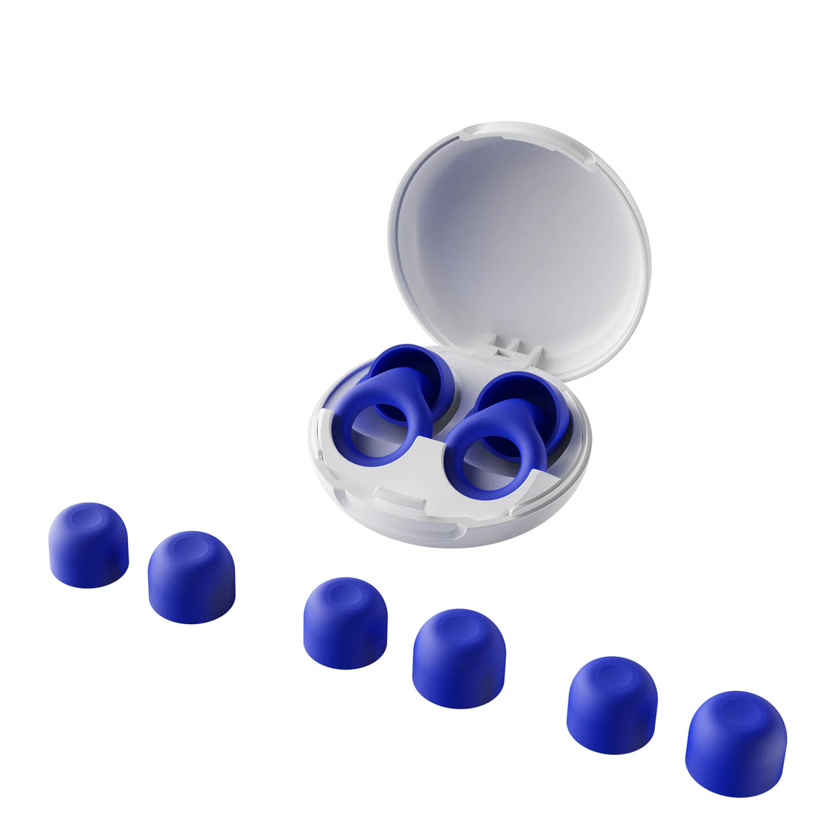 Blue earbud tips with a white case on a white background