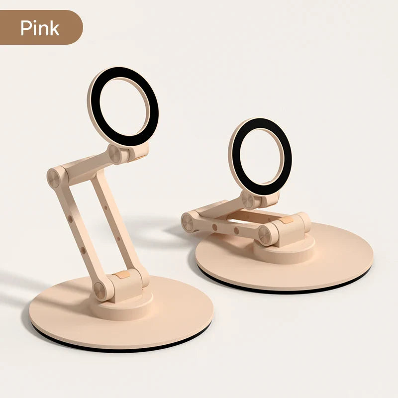 Two adjustable ring lights on stands with a pink color swatch above them.