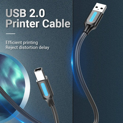 USB 2.0 printer cable with text on a dark background