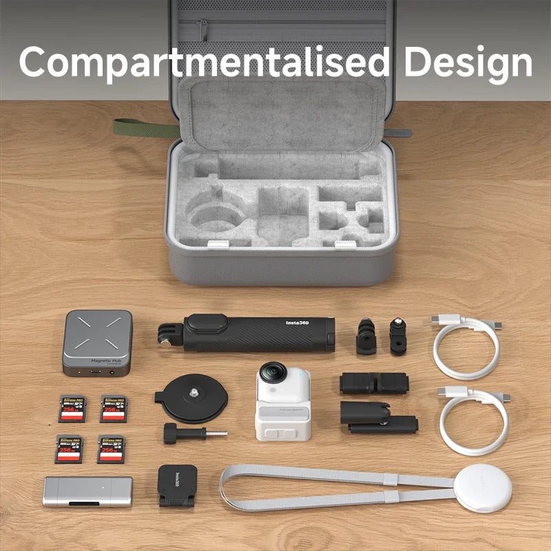 Collection of electronic accessories laid out on a wooden surface with an open compartmentalized design case.