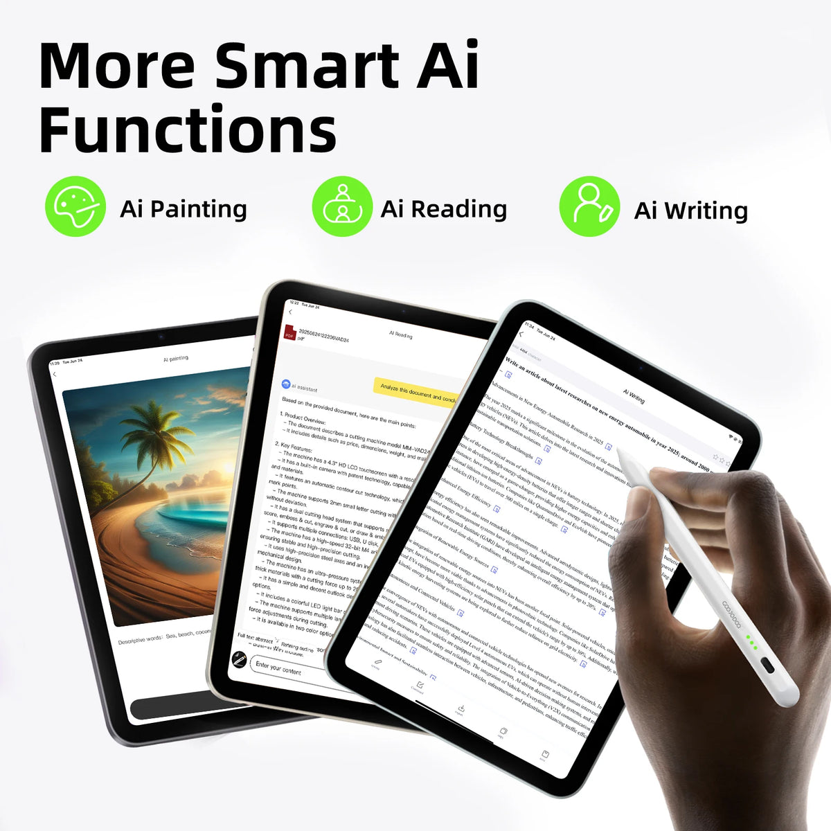 Three tablets displaying AI functions with a hand holding a stylus.