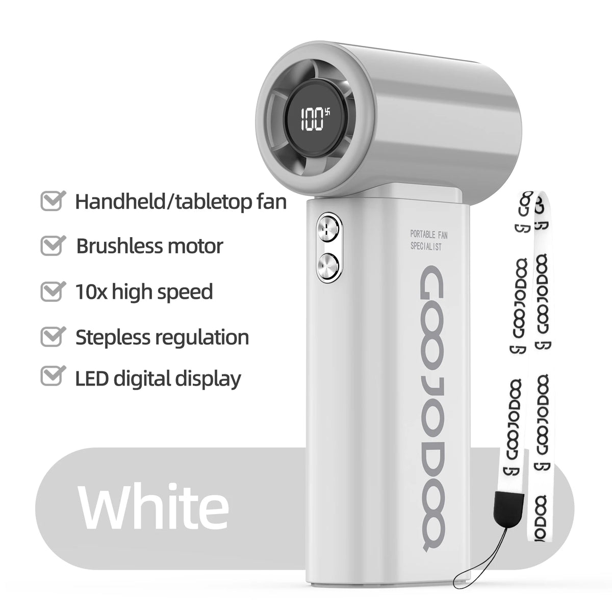 An array of high-speed pocket fans in various colors displayed next to each other with features like 100 speed levels, 9m/s hurricane, 12-hour duration, and LED display highlighted.