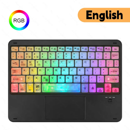 Keyboard with RGB lighting on a white background, featuring the word 'English' and an RGB icon.