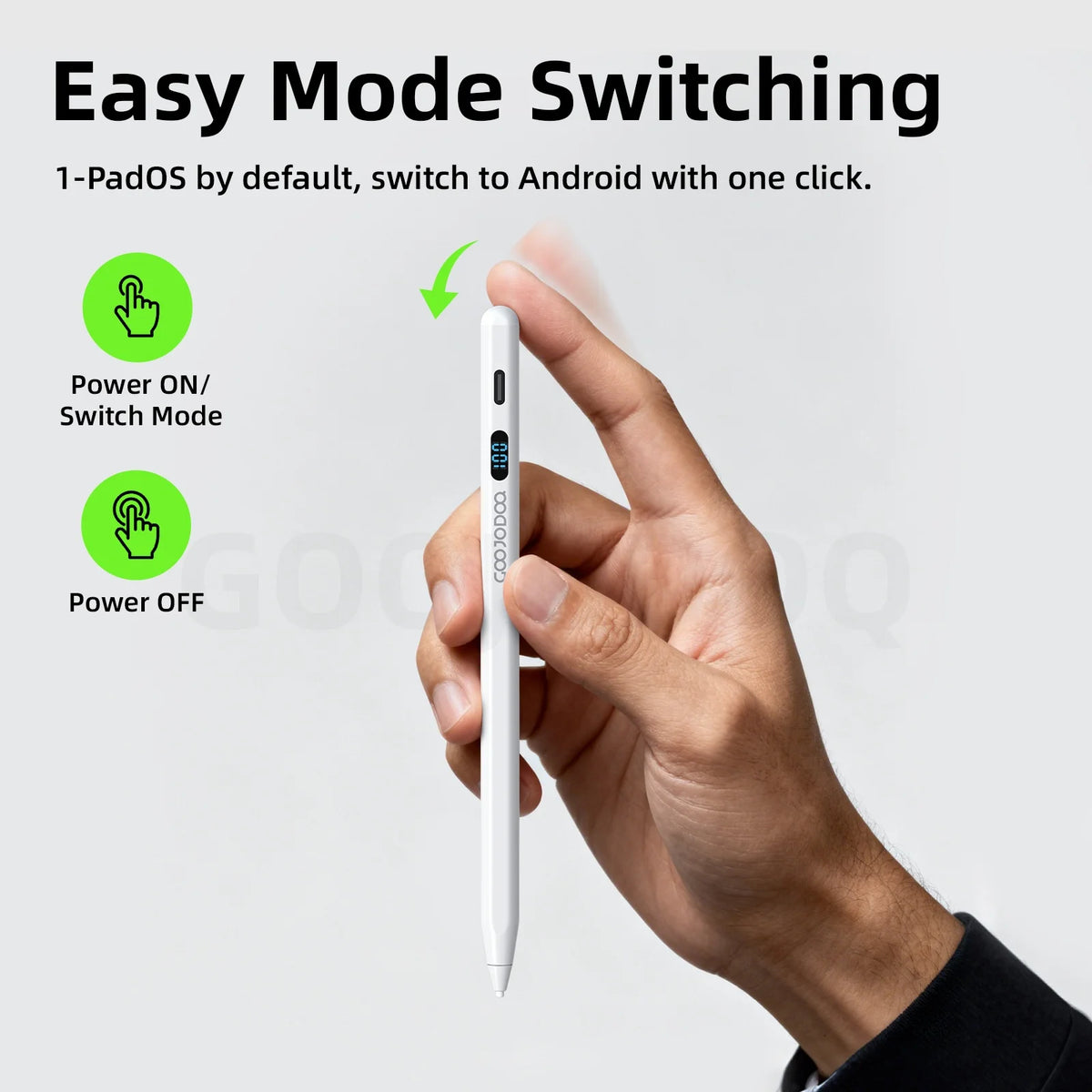 Hand holding a white electronic device with text about easy mode switching on a gray background