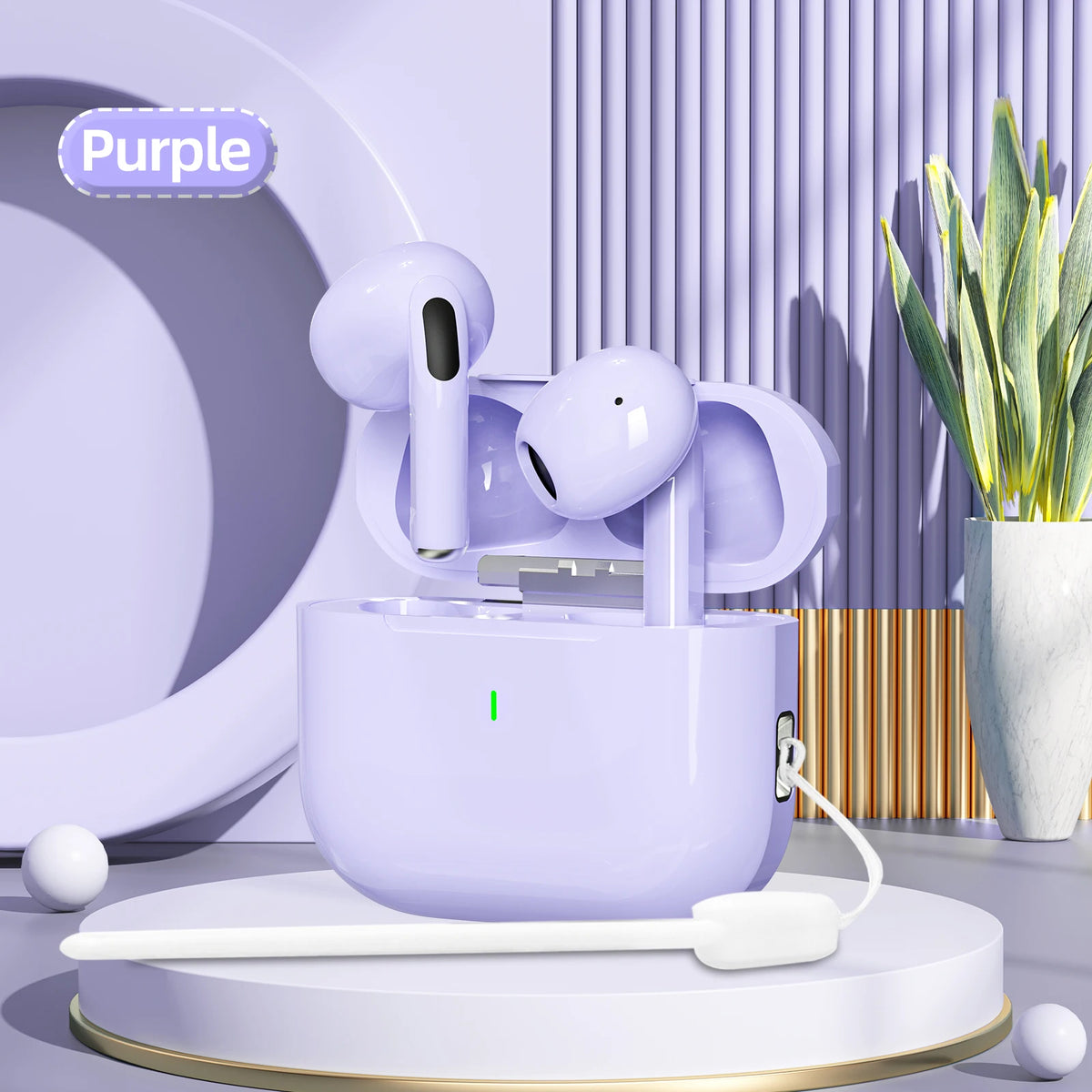 Purple wireless earbuds with charging case on a white surface with decorative elements.