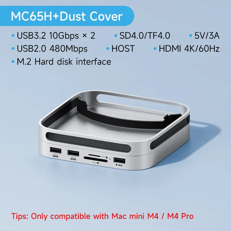 External storage device with multiple ports on a light blue background.