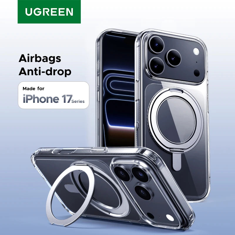 Phone case with airbag anti-drop feature made for iPhone 17 series by Ugreen on a light blue background